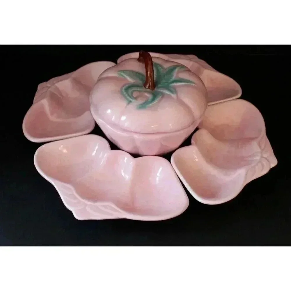 Vtg MCM CALIFORNIA CA Pottery 1940s Belmar Pink Strawberry Lazy Susan Party Dish